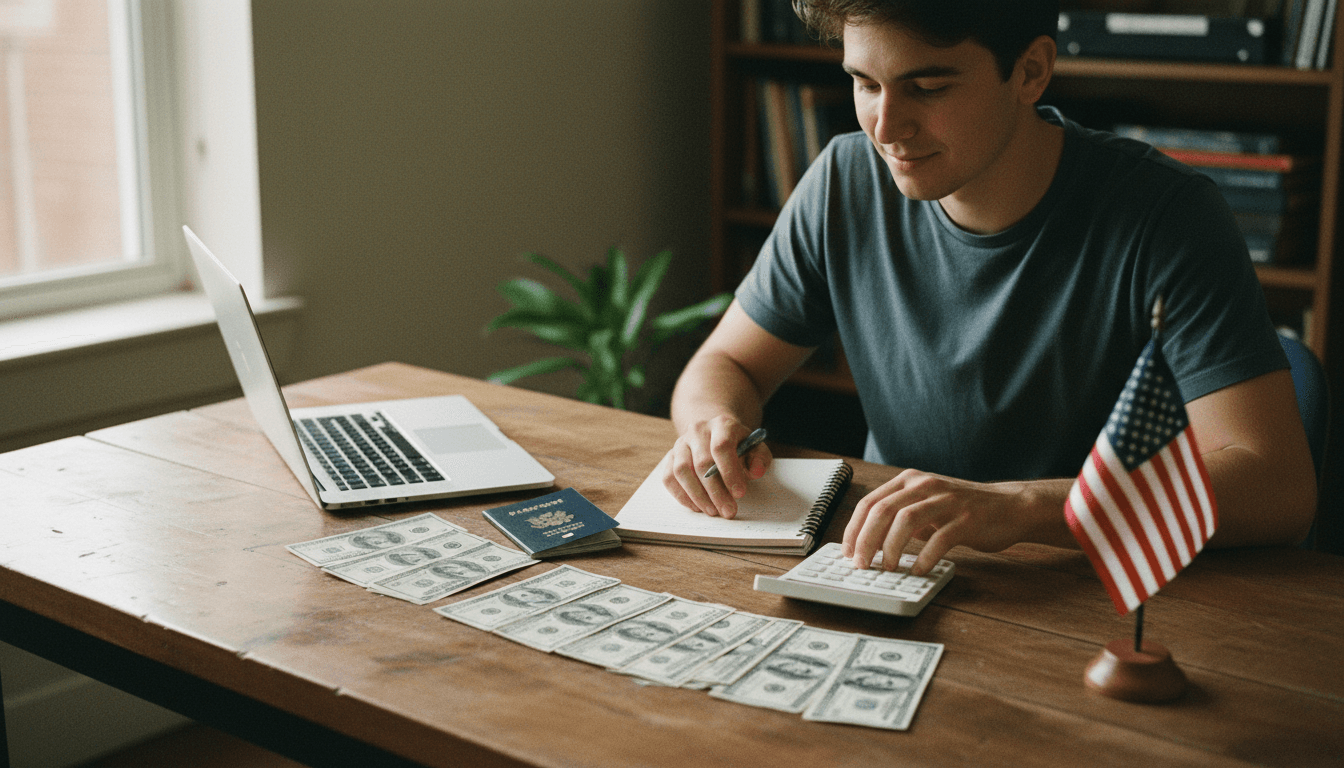 Work and Travel bütçesi planlayan genç bir üniversite öğrencisi — dolar, pasaport ve hesap makinesi