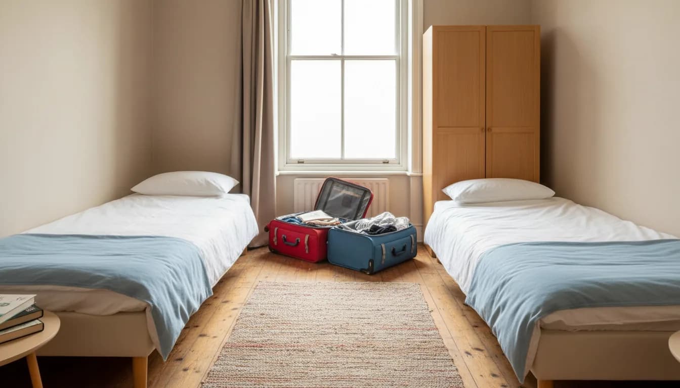 Work and Travel konaklaması — iki yataklı paylaşımlı öğrenci odası ve valizler
