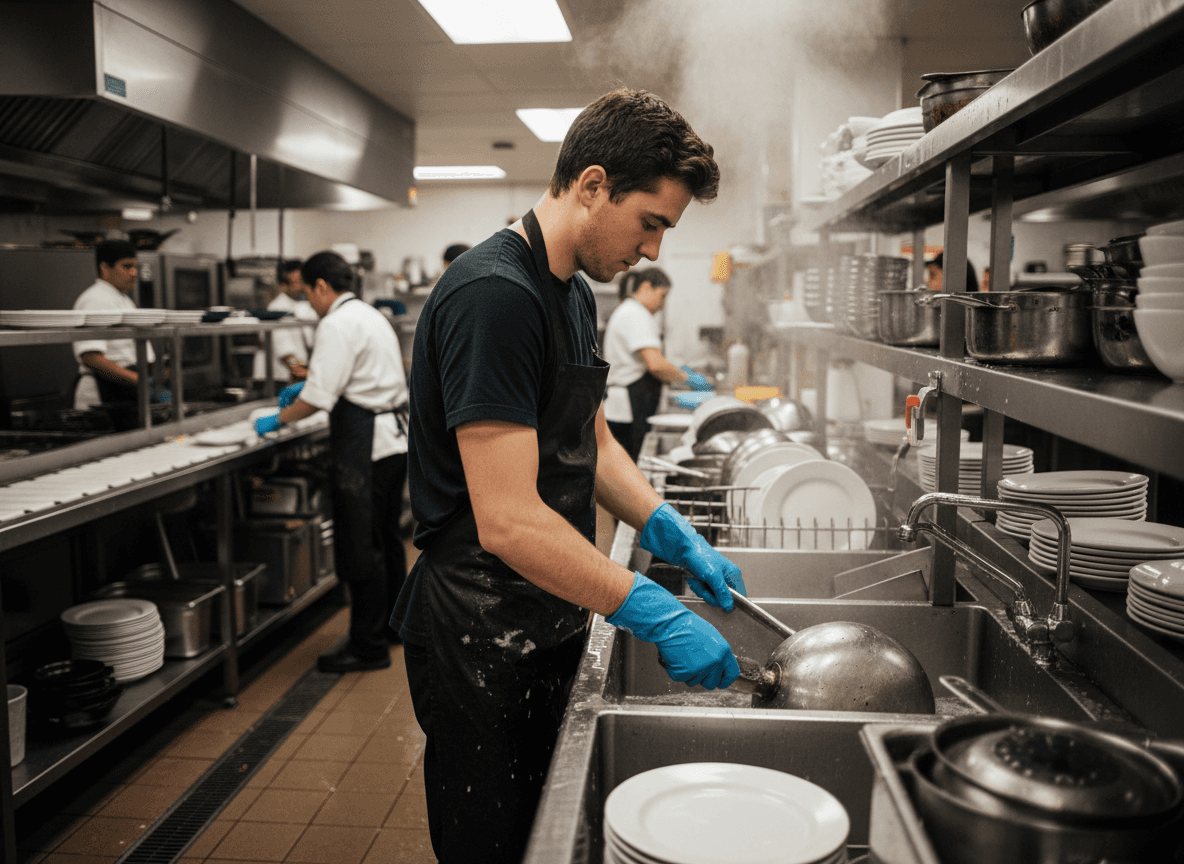 bulaşıkçı (dishwasher) işi — mutfak bulaşık istasyonunda üniversite öğrencisi