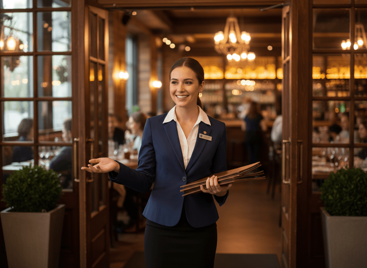 host/hostes işi — restoran girişinde misafir karşılayan üniversite öğrencisi