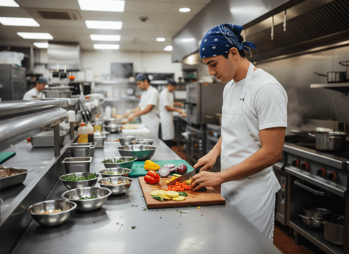 mutfak yardımcısı (kitchen helper) işi — mutfakta hazırlık yapan üniversite öğrencisi