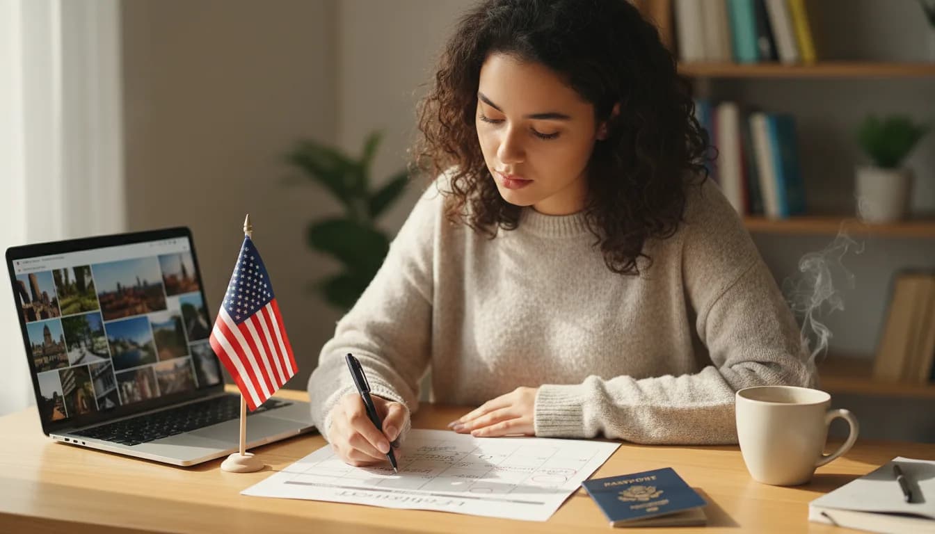 Work and Travel 2027 başvuru takvimini planlayan üniversite öğrencisi — takvim, pasaport ve Amerika bayrağı