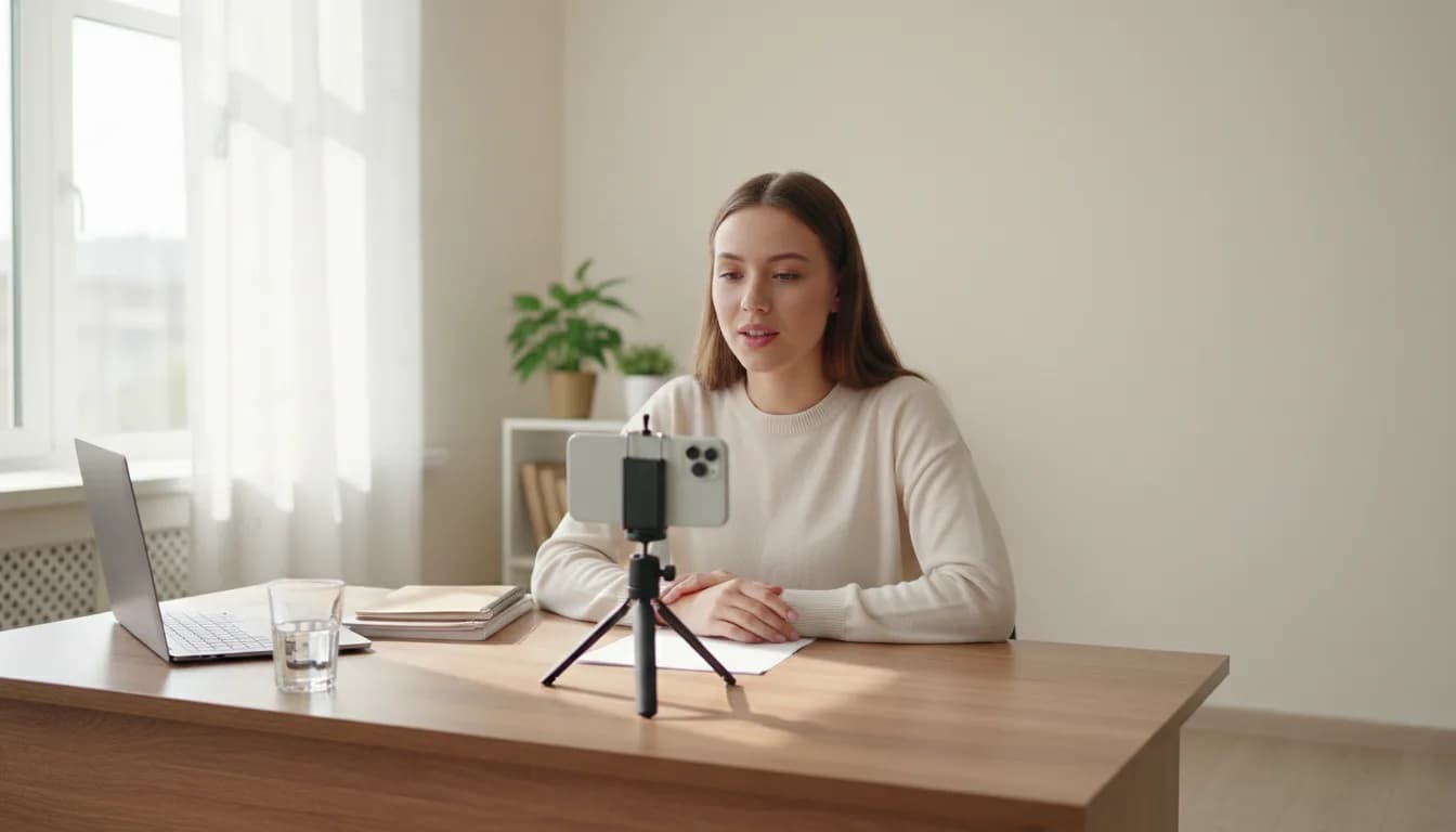 Work and Travel video CV — telefonunu tripoda kurup kendini İngilizce tanıtan üniversite öğrencisi