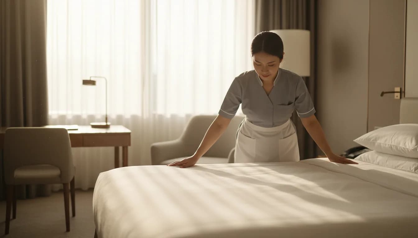 Otel odasını hazırlayan Work and Travel öğrencisi