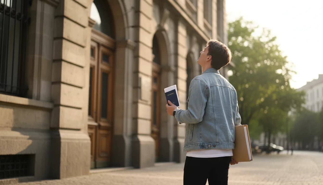 Konsolosluk binasının önünde pasaportunu ve belge dosyasını tutan üniversite öğrencisi