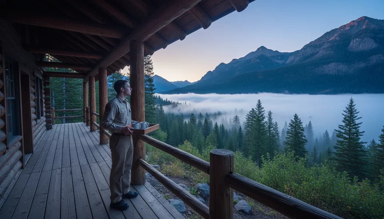 Milli park lodge işletmesinin verandasında sabah vardiyasına başlayan Work and Travel öğrencisi