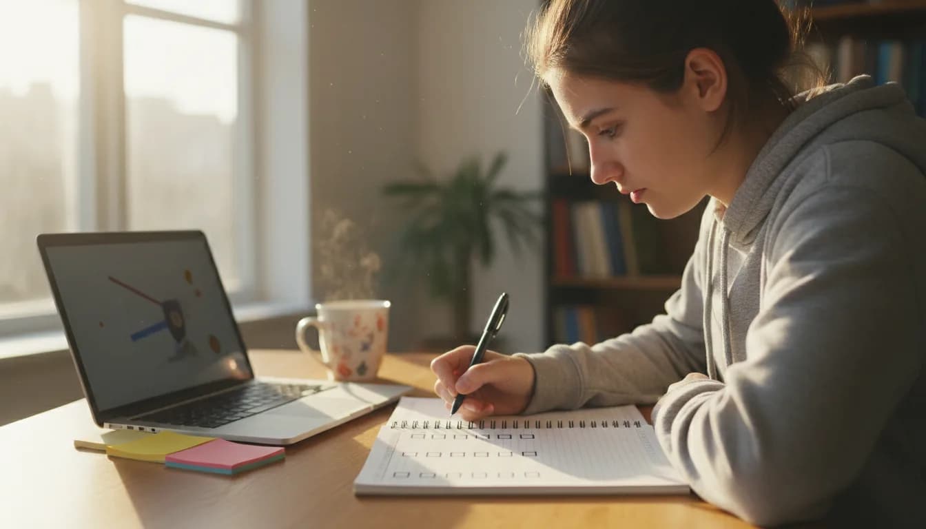 Work and Travel başvurusu — adımları not defterindeki kontrol listesiyle planlayan üniversite öğrencisi
