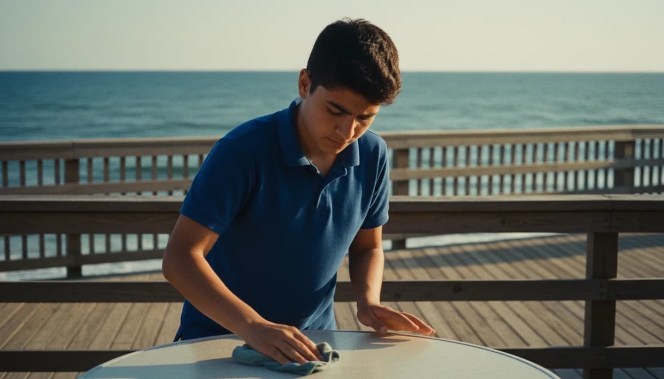 Sahil kasabasında restoran masasını temizleyen Work and Travel öğrencisi — program bir tatil değil, çalışma dönemidir
