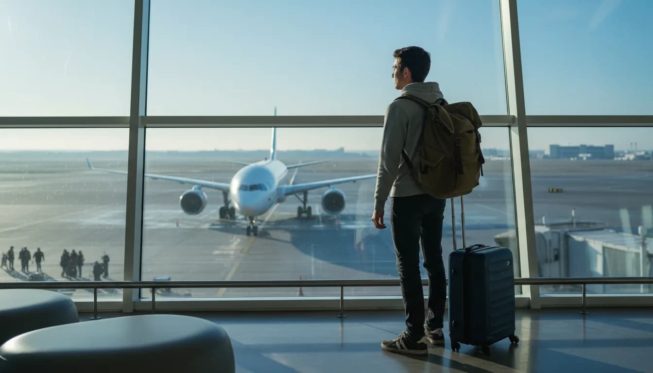 Amerika uçuşu öncesi havalimanı terminalinde bekleyen Work and Travel öğrencisi