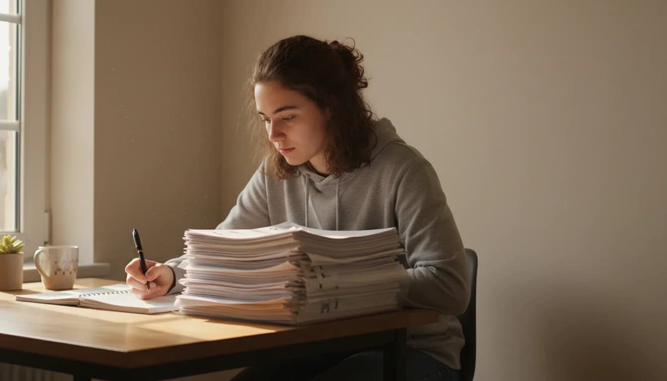 Work and Travel vize mülakatı hazırlığı — belgelerini gözden geçiren üniversite öğrencisi